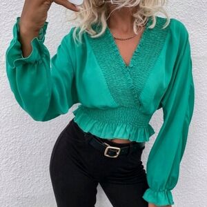 Green Elastic Banding Crossover Plunging V Neck Blouse With Sleeves - MEDIUM